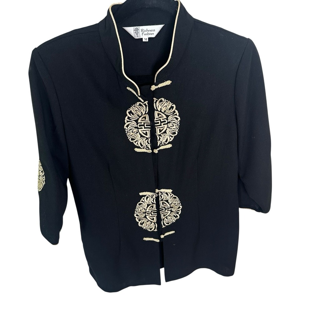 Richness Fashion Vintage‎ Chinese Black 3/4 Sleeve Gold Embroidery Jacket Size M